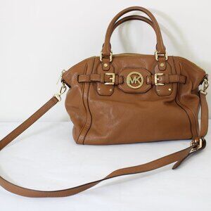 Michael Kors Hudson Large Satchel Camel Brown Dark Tan Leather‎ Bag Gold Accents